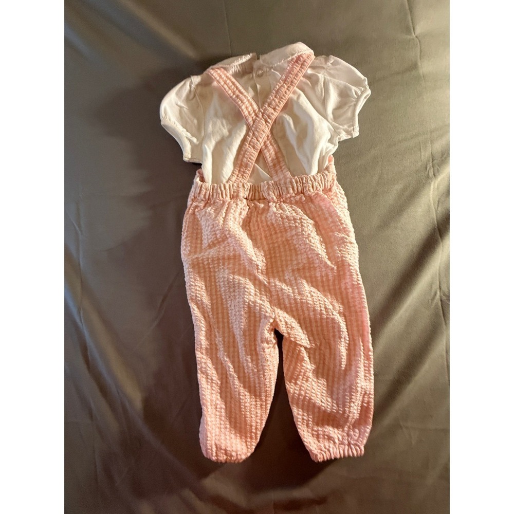 JoJo Maman Bebe Pink Seersucker Duck Overalls & Cream Top Set Baby 6-12M NWOT - Picture 3 of 3